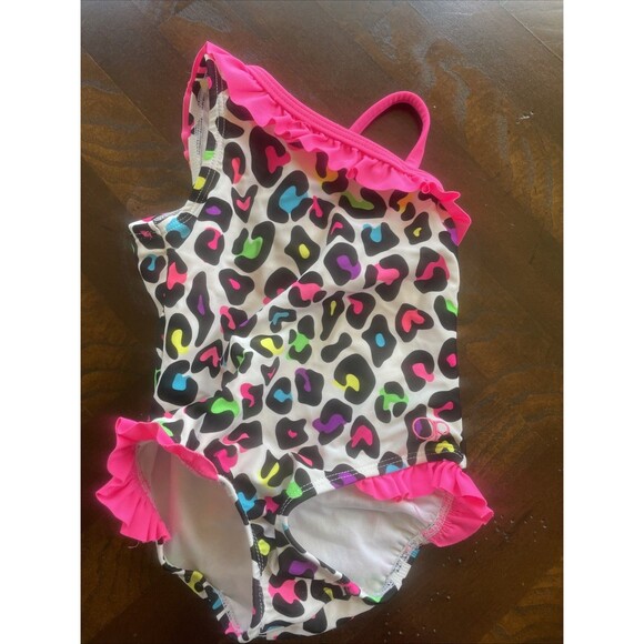 OP One Piece Swimsuit Neon Rainbow Leopard Print Size 18 Months - Picture 1 of 13